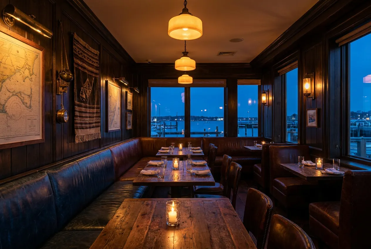 Dimly lit restaurant with wooden tables, leather seating, nautical decor, and large windows showing a waterfront view at dusk. Candles are placed on each table.