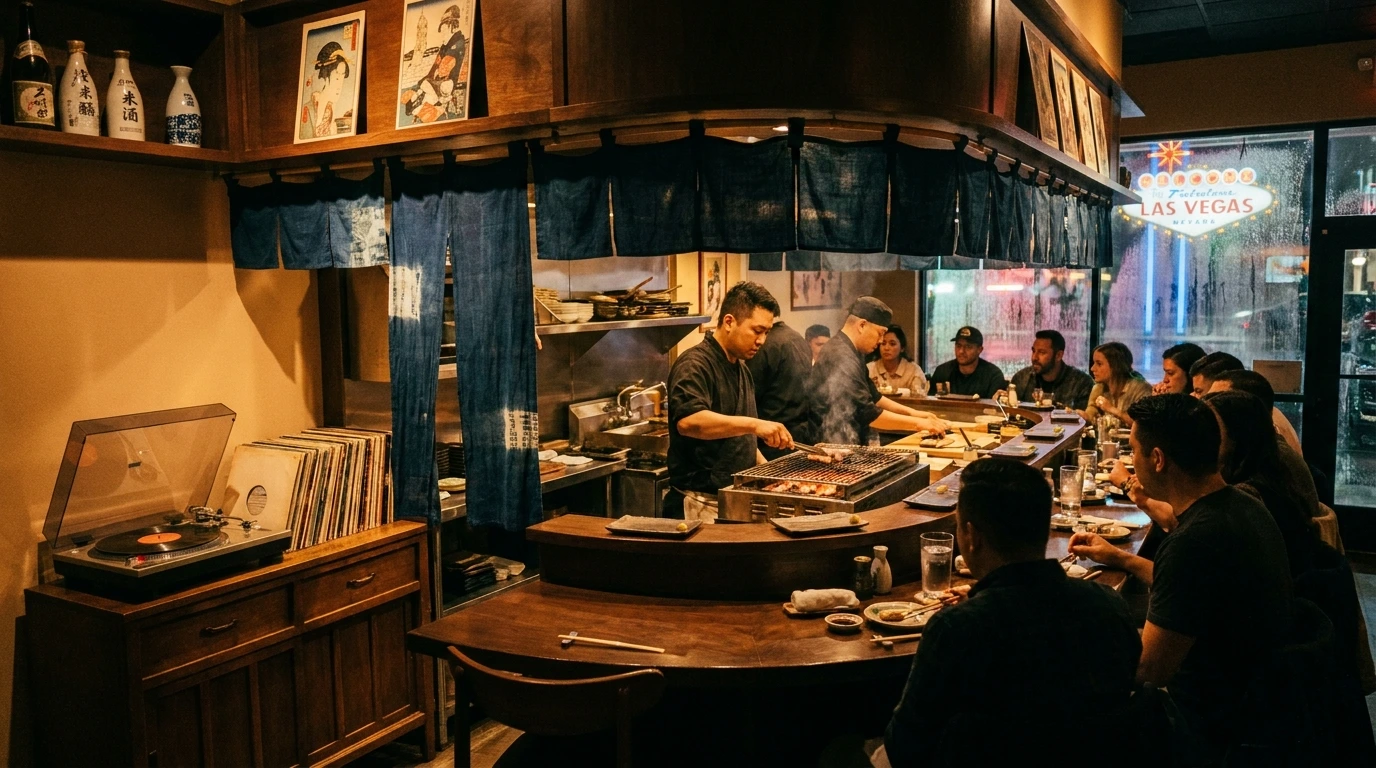 A chef cooks at a grill behind a counter inside a Japanese restaurant, while diners sit and eat; decor includes bottles, framed art, and a record player.