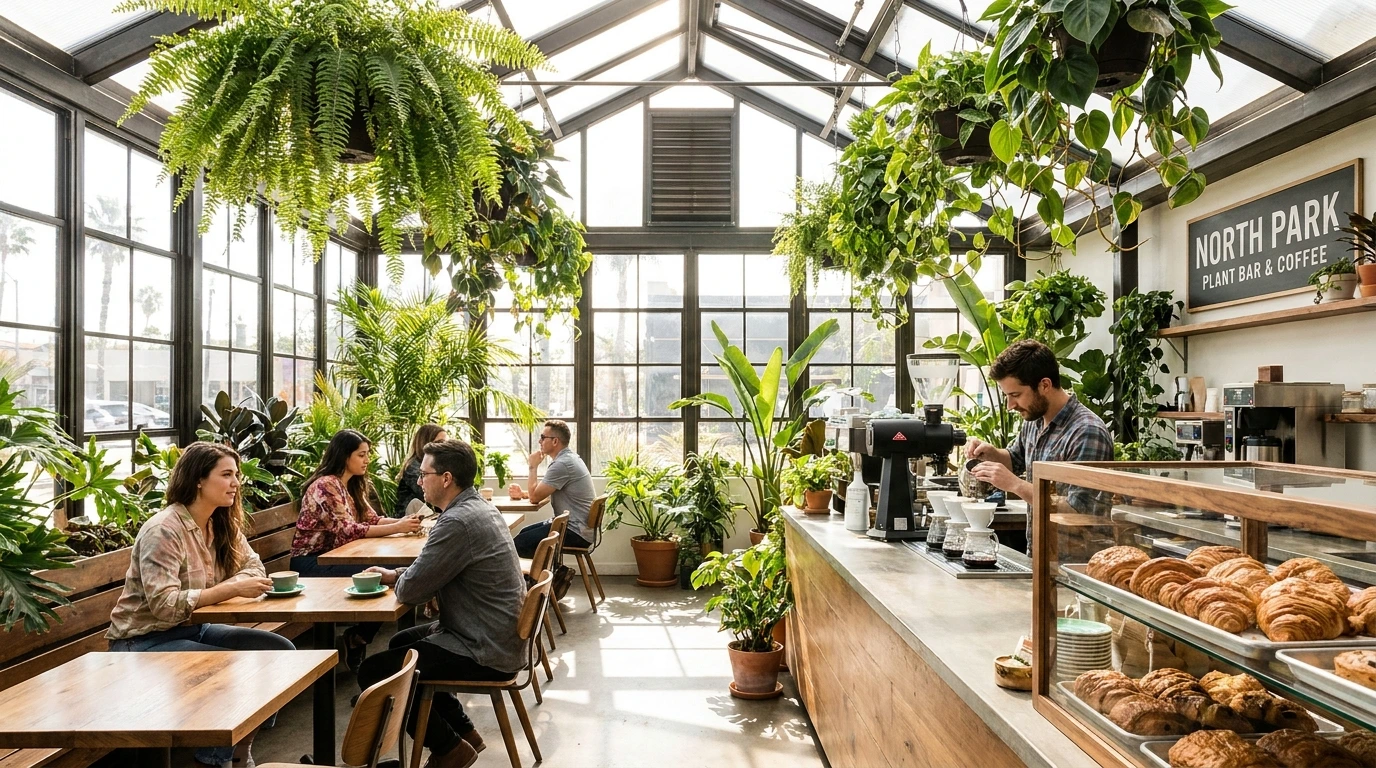 People sit at tables and talk inside a bright, plant-filled café with large windows. A barista prepares coffee near a counter displaying pastries. The café sign reads "North Park Plant Bar & Coffee.