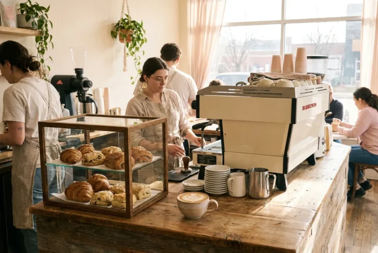 Baristas prepare drinks behind a wooden counter with a pastry display and espresso machine in a sunlit café as customers sit by the window.