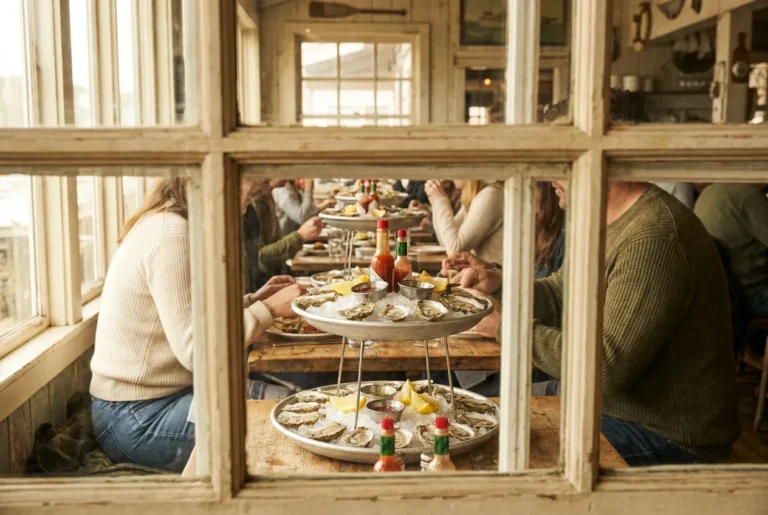 People sit at wooden tables eating oysters and using condiments, viewed through a window with divided panes inside a rustic restaurant setting.