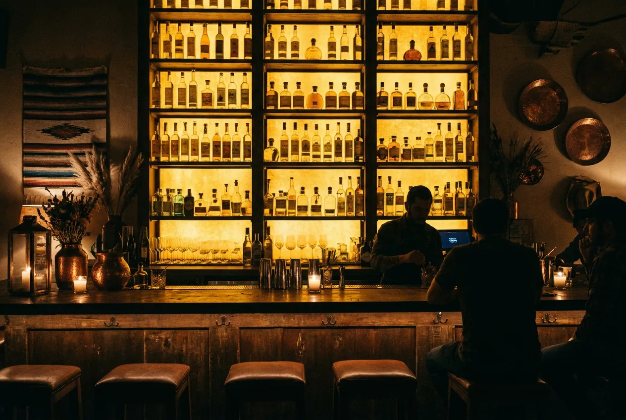 Dimly lit bar with a backlit wall of liquor bottles, a bartender working behind the counter, and a patron seated on a stool. Four empty stools line the wooden bar in the foreground.