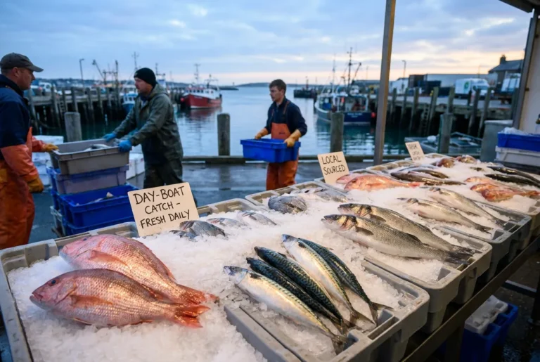 Several types of fresh fish displayed on ice at an outdoor seafood market, with fishermen and boats visible in the background.