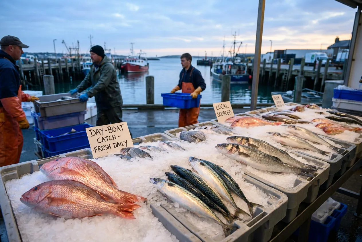 Several types of fresh fish displayed on ice at an outdoor seafood market, with fishermen and boats visible in the background.