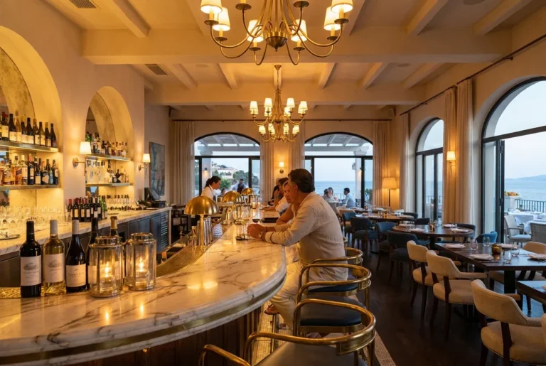 Elegant restaurant bar with chandeliers, marble countertop, wine bottles, and patrons seated on barstools; large windows offer a view of an outdoor terrace and waterfront.